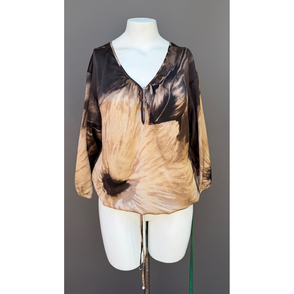 White House Black Market Blouse Large Brown Tan Satin Drawstring Hem Top Office